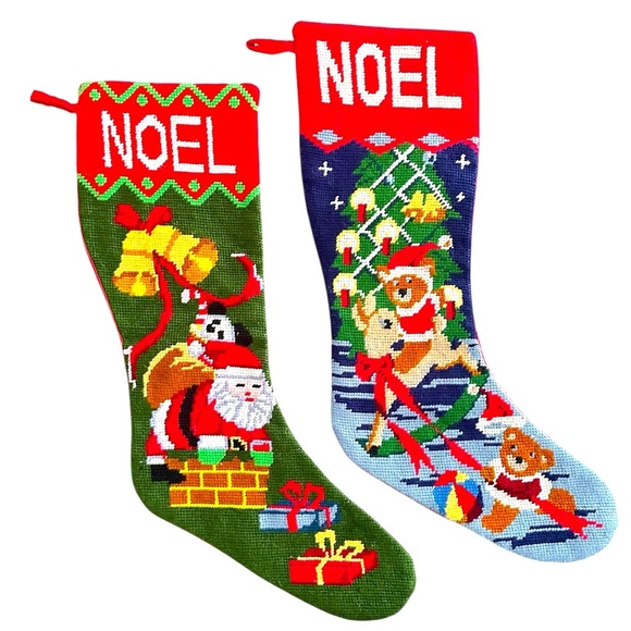 Vintage Other - lot of 2 Needlepoint wool Christmas stocking Santa with toys fireplace chimney